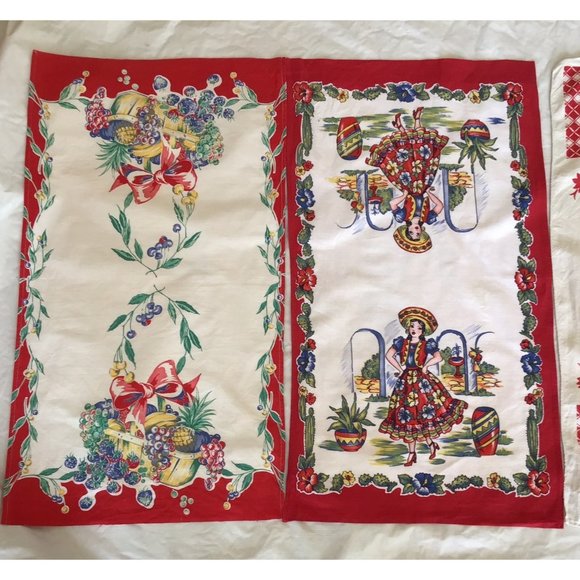 Vintage Linen Woman Dancing , Floral, Fruit Basket Tea Towel lot of 4 - Picture 3 of 4